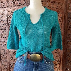 Vintage Teal Cotton Crochet Knit Tie-Neck Quarter Sleeve Sweater Boho Beach